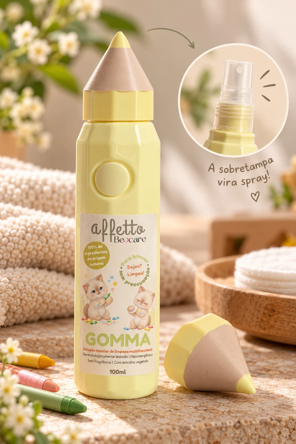 Frasco da Gomma, um lápis gigante amarelo com o rótulo do Vinci e dos amigos; no detalhe, a sobretampa transparente que vira spray.
