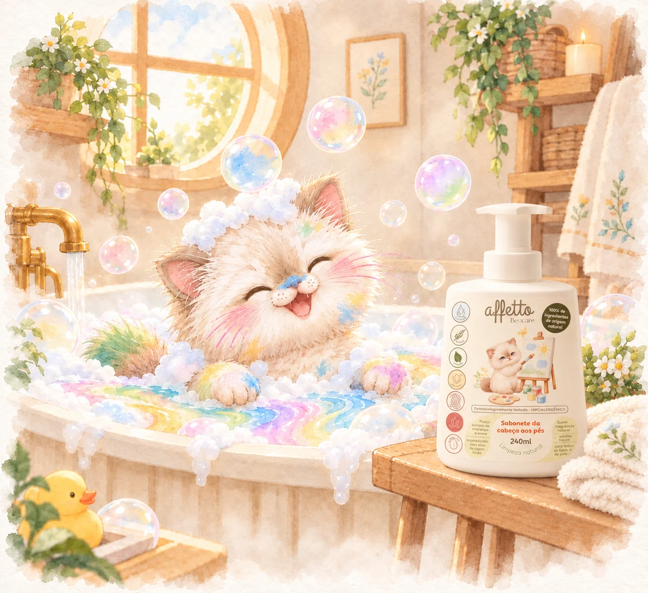 Vinci, o gatinho da Affetto, rindo na banheira cheia de espuma e bolhas coloridas, com o frasco do sabonete ao lado.
